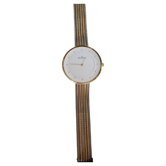 Skagen Denmark Two Toned Silvertone and Goldtone Large White Faced Watch main image 5